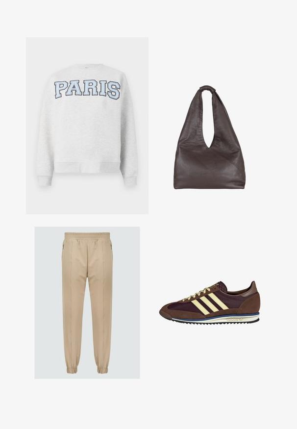 Grijze sweatshirt met "PARIS" in vet, lichtblauwe letters over de voorkant. Heeft een ronde halslijn en ribgebreide manchetten en zoom.; Beige joggers met een elastische tailleband, ritszakken en elastische manchetten bij de enkels. Glad stofoppervlak met een stijlvolle pasvorm.; Bruine en bordeauxkleurige sneaker van suede en mesh materiaal, met drie crèmekleurige strepen, een gemêleerd stof op de tong en een rubberen zool.; Bruine leren tas met een slappe, oversized uitstraling. Beschikt over een lusvormige handgreep en een diepe V-vormige opening voor gemakkelijke toegang. Zachte textuur, minimalistische stijl.