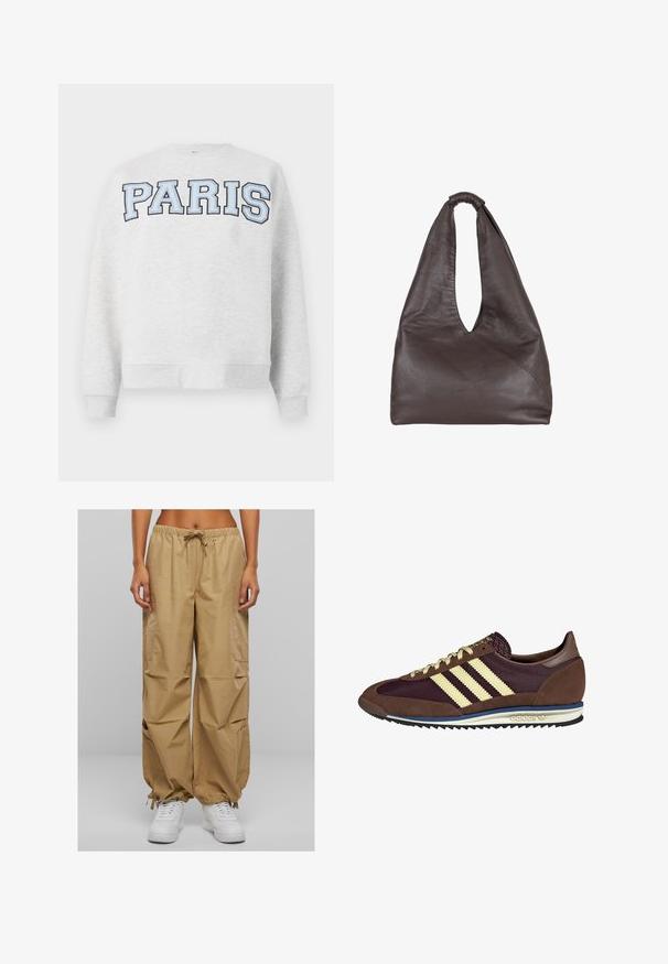Siva dukserica s natpisom "PARIS" u podebljanim, svijetlo plavim slovima preko prednje strane. Ima okrugli izrez i rebraste rukave i rub.; Bež kargo hlače s elastičnom trakom u struku, šnuricom i bočnim džepovima. Imaju naborane manžete i laganu, glatku tkaninu.; Smeđi i burgundski teniski s uzorcima od antilopa i mrežastih materijala, s tri kremaste pruge, teksturiranim materijalom na jeziku i gumeni potplat.; Smeđa kožna torba s opuštenim, prevelikim dizajnom. Ima ručku s petljom i dubokim V-izrezom za lakši pristup. Mekana tekstura, minimalistički stil.