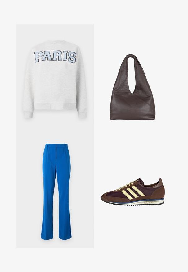 Gray sweatshirt with "PARIS" in bold, light blue lettering across the front. Features a round neckline and ribbed cuffs and hem.; Blue tailored trousers featuring a high waist, pleated front, and flared legs with side slits, made from a smooth, lightweight fabric.; Brown and burgundy sneaker with suede and mesh materials, featuring three cream stripes, textured fabric on the tongue, and a rubber sole.; Brown leather bag with a slouchy, oversized design. Features a loop handle and a deep V-cut opening for easy access. Soft texture, minimalist style.