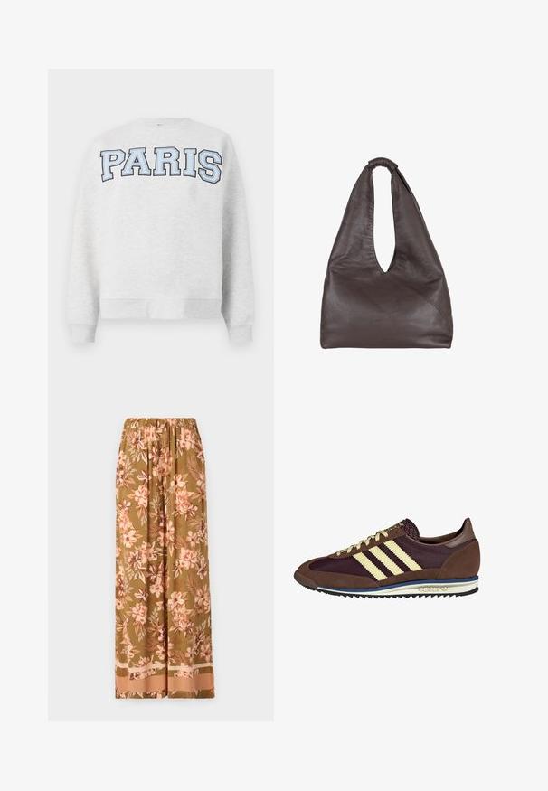 Gray sweatshirt with "PARIS" in bold, light blue lettering across the front. Features a round neckline and ribbed cuffs and hem.; Floral wide-leg trousers in olive green with pink and cream flower patterns. Features an elastic waistband and a contrasting hemline.; Brown and burgundy sneaker with suede and mesh materials, featuring three cream stripes, textured fabric on the tongue, and a rubber sole.; Brown leather bag with a slouchy, oversized design. Features a loop handle and a deep V-cut opening for easy access. Soft texture, minimalist style.