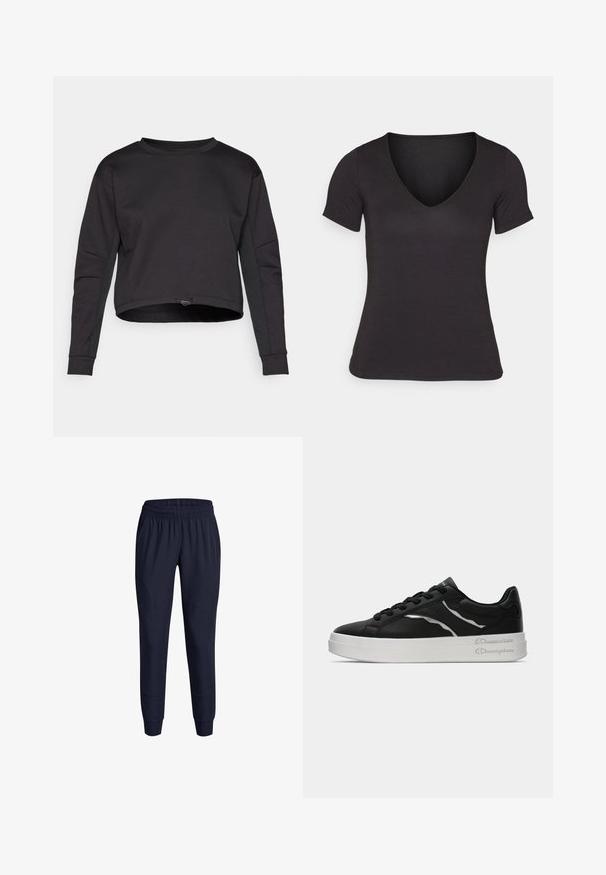 Sort sweatshirt med en cropped design, lange ærmer, rund hals og sidepaneler som accentuerer. Fremstillet af blødt, strækbart materiale. Justerbar kant med snoretræk.; Sort kortærmet V-hals T-shirt lavet af glat stof, med en tætsiddende silhuet og en ren, sømløs kant.; Marineblå atletiske bukser med elastisk liv, tapered ben og sidelommer, designet i et let og glat stof.; Sort læder sneakers med hvid sål, prydet med tynde sølv accenter og snørelukning. Glat tekstur med mærkedetaljer på hælen.