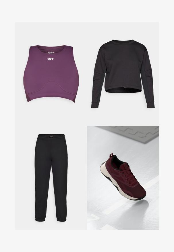 Mustmustükk musta värvi, lühikeste külgedega disainiga, pikad varrukad, ümmargune kaelus ja külgpaneelide aktsendid. Valmistatud pehmest ja venivast materjalist. Reguleeritav hemiköis.; Reebok LUX CONTOUR CROP - Topp - midnight plum; Champion C-TECH CUFFED PANTS INTERLOCK - Dresside alumine osa - black; Bordoo spordijalanõud, millel on võrgust pealispind, mustad aktsendid ja pehme valge tald. Omab soonkinnitust ja kandmist hõlbustavat konksu kontsapooles.