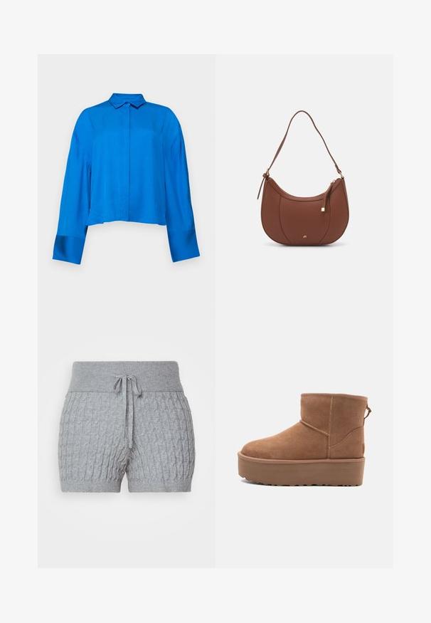 Kvinde iført en cremet chunky kabelstrikket trøje med høj rund hals og lange pufærmer, stående med den ene hånd i lommen på sorte bukser.; Afkortet bluse i klarblåt stof med krave, knaplukning foran og lange ærmer. Glat tekstur og afslappet pasform.; Grå strikkede shorts med et tekstureret design, der har en ribbet linning og justerbar snor. Kort længde, blødt stof.; Tan ruskinds ankelstøvle med platformssål, rund tå og syninger; har en løkke bagpå for nem påtagning.; Brun faux læder skuldertaske med buet form, minimal syning og en guldtonet hardwaredetalje. Har en top lynlåslukning og justerbar rem.