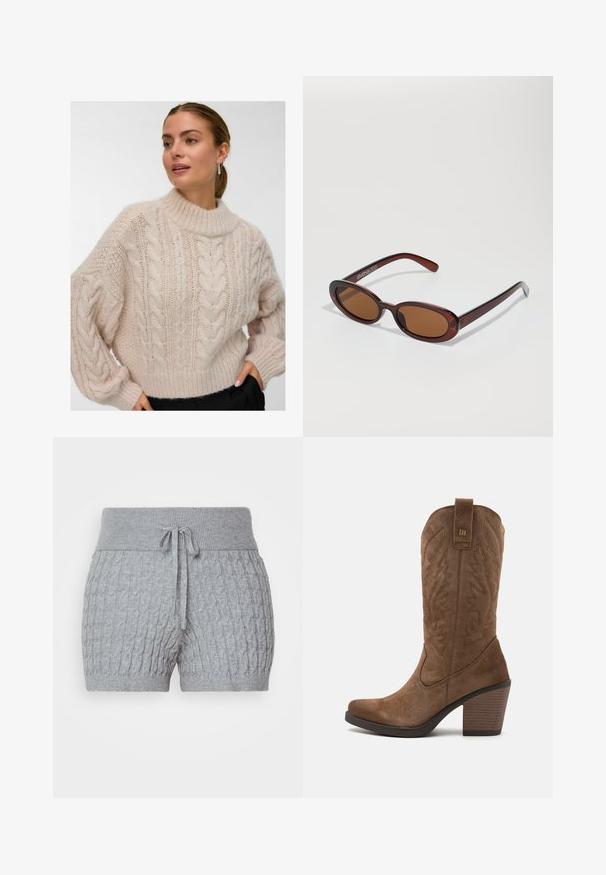 Naine kannab kreemikaalset paksu kabelikudumisega sviitrit, millel on kõrge ümar kaelus ja pikad puffvarrukad, seistes üks käsi mustade pükste taskus.; Hallide kootud lühikesed püksid tekstuuriga disainiga, millel on soonikkoes vöökoht ja reguleeritav nöör. Lühike pikkus, pehme kangas.; mtng TIJUANA - Kauboi-/mootorrattasaapad - brown/white; Ümar, pruunikased päikeseprillid läikiva burgundia raami ja peente kaubamärgi detailidega. Peened sangad ja lame läätsedesain.; Pruun faux nahast õlaline kott, millel on kaarjas kuju, minimaalne õmblemine ja kuldse tooni metallist aksessuaar. Omab ülemist tõmblukku ja reguleeritavat rihma.