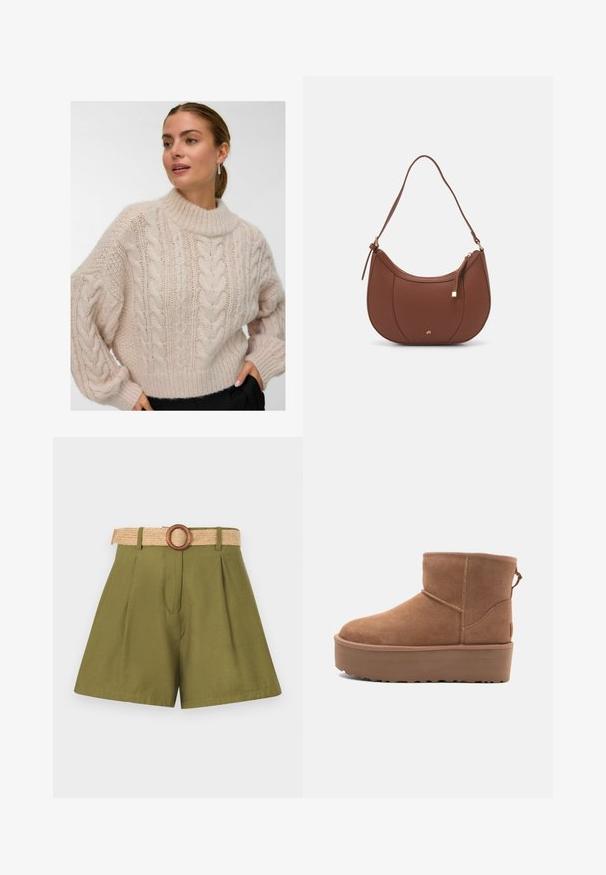 Femme portant un pull en maille torsadée chunkie couleur crème avec un col rond haut et de longues manches bouffantes, se tenant avec une main dans la poche d'un pantalon noir.; Shorts vert olive avec des plis, dotés d'une ceinture en paille tissée et d'une boucle en bois. Texture lisse, design ajusté avec des lignes épurées.; Bottine en suède tan avec une semelle plate-forme, un bout arrondi et des accents de couture ; elle est dotée d'une languette à l'arrière pour un enfilage facile.; Sac à épaule en faux cuir brun, de forme arrondie, avec des coutures minimales et un accent en matériel doré. Il possède une fermeture zippée sur le dessus et une sangle réglable.