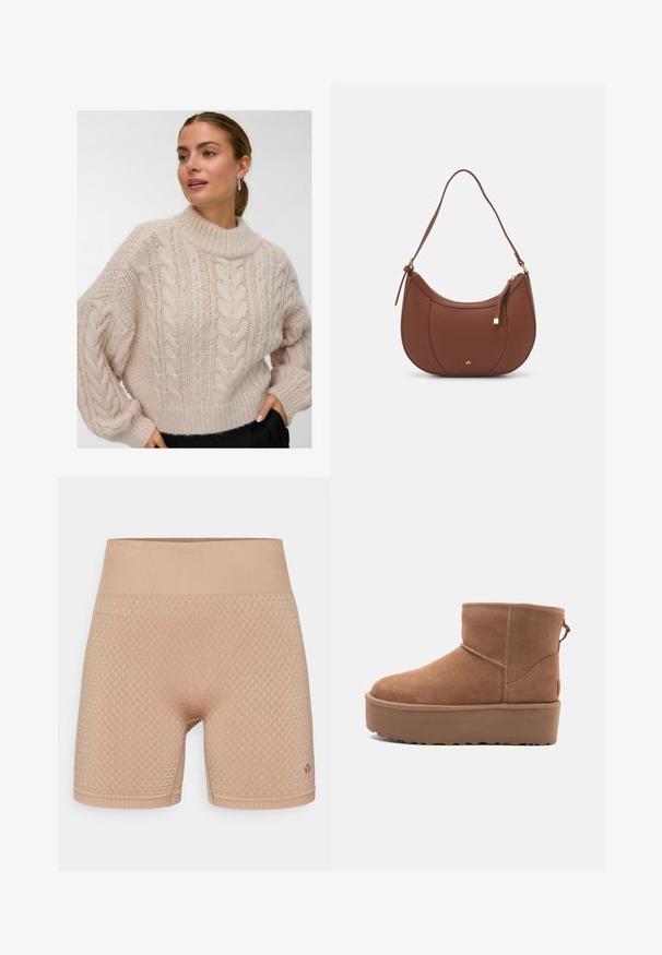 Vrouw in een crème-kleurige chunky kabelgebreide trui met een hoge ronde hals en lange pofmouwen, staande met een hand in de zak van een zwarte broek.; Even&Odd active MID RISE SEAMLESS CYCLING SHORTS WITH RIBBED WAISTBAND
- Tights - dark brown; Tan suède enkellaars met een platformzool, ronde neus en stiksels; heeft een trekband aan de achterkant voor gemakkelijke instap.; Bruine faux leren schoudertas met een gebogen vorm, minimale stiksels en een gouden hardware-accent. Voorzien van een bovenste ritsluiting en een verstelbare schouderband.