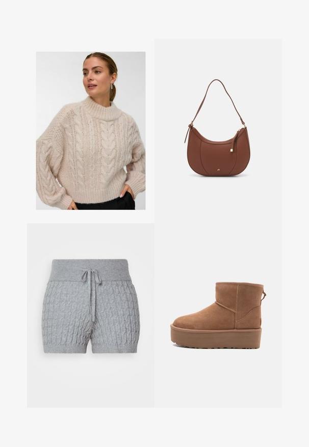 Moteris vilkinti kremine spalva storą kabelinį megztinį su aukštu apykakle ir ilgu pūsto tipo rankovėmis, stovinti su viena ranka juodų kelnių kišenėje.; Pilki megzti šortai su tekstūruotu raštu, su raukšlėtu juosmens dirželiu ir reguliuojamu raiščiu. Trumpas ilgis, minkšta medžiaga.; Smėlio spalvos zomšiniai kulkšninių batai su platformos padu, apvaliu nosiu ir siuvinėjimo akcentais; turi kilpos užpakalinėje dalyje, kad būtų lengviau užsidėti.; Ruda dirbtinės odos petinė piniginė su kreiva forma, minimalia siuvimo linija ir auksinės spalvos įranga. Yra užtrauktuko uždarymas viršuje ir reguliuojama petneša.