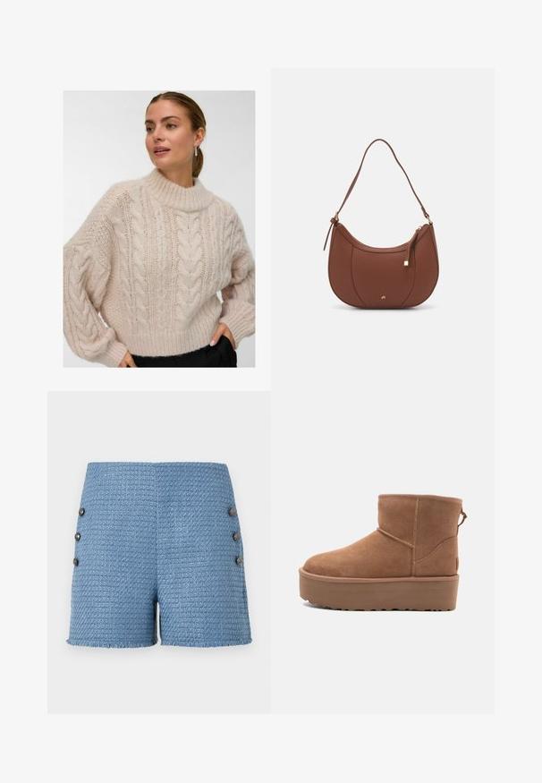 Žena oblečená v krémově zbarveném silném svetr s kabelovým pletením, vysokým kulatým výstřihem a dlouhými balónovými rukávy, stojící s jednou rukou v kapse černých kalhot.; Modré pletené šortky s texturovanou tkaninou, roztřepeným lemem a čtyřmi dekoračními knoflíčky na boku pro přidaný detail.; Hnědé semišové kotníkové boty s platformou, zaoblenou špičkou a prošíváním; mají poutko vzadu pro snadné obouvání.; Hnědá kabelka přes rameno z umělé kůže s zakřiveným tvarem, minimálním prošíváním a zlatým kovovým akcentem. Disponuje vrchním zipovým uzavíráním a nastavitelným popruhem.