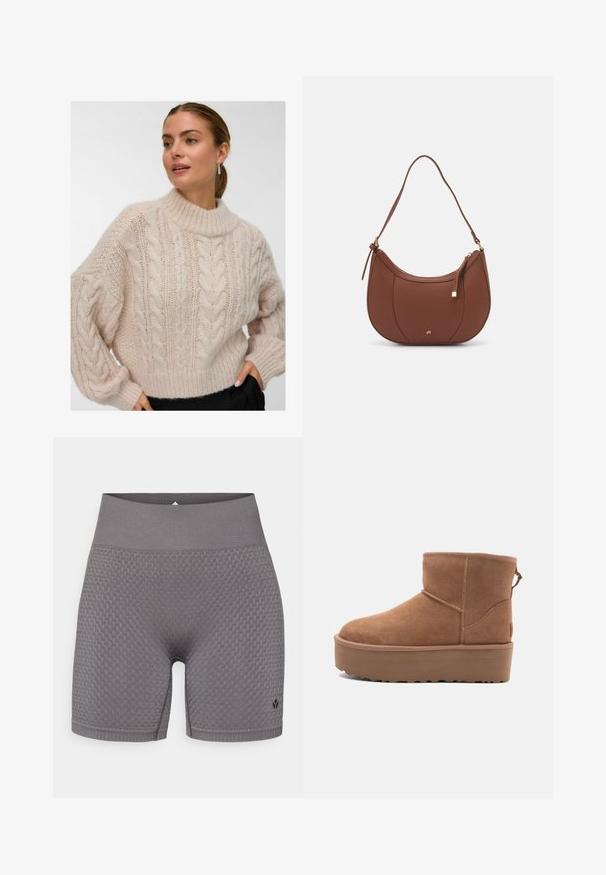 Žena u krem puloveru s debelim pletenicama, visokog okruglog ovratnika i dugim napuhanim rukavima, stoji s jednom rukom u džepu crnih hlača.; Sive textured sportske kratke hlače s širokim elastičnim pojasom i suptilnim logotipom na donjoj lijevoj strani. Tkanina ima uzorak.; Svijetlosmeđi antilop čizmice do članka s platformom, okruglim vrhom i ukrasnim šavovima; ima petnu traku za lakše obuvanje.; Smeđa torba od umjetne kože s zakrivljenim oblikom, minimalnim šavovima i zlatnim metalnim detaljima. Ima zatvaranje na gornjoj strani sa patentnim zatvaračem i podesivu naramenicu.