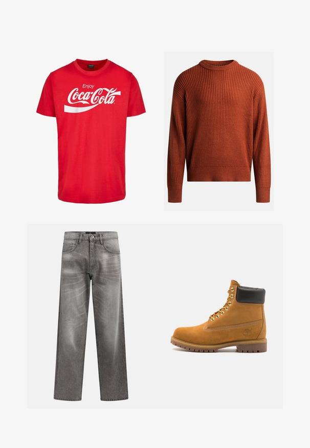 Ribbet strikpullover i brændt orange med en rund hals og lange ærmer. Blød tekstur, afslappet pasform og subtil strækdetalje.; Rød bomuld t-shirt med korte ærmer, der har et hvidt "Coca-Cola" logo og bølget design på brystet. Klassisk crew neck stil.; Grå denim vidde-ben jeans med et falmet look, klassisk design med fem lommer og lukning med metalknap. Tekstureret stof med subtile sliddetaljer.; Tan nubuck ankelstøvle med sort polstret krave, gyldne metaløjer, hvid syning detaljer og robust gummisål med udtalte slidbaner.