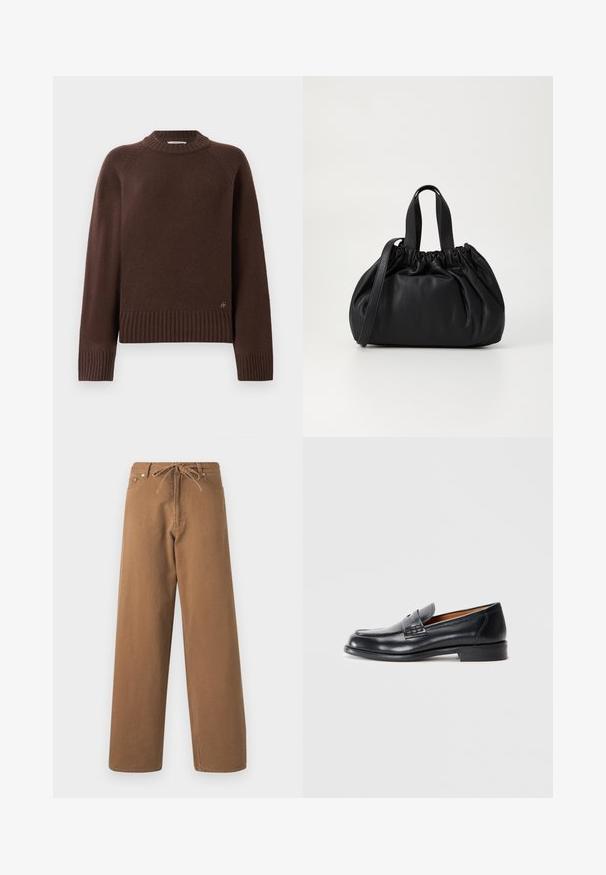 Tamsiai rudas vilnonis megztinis su raišteliais ant rankovių, apačios ir kaklo, su mažo metalo logotipu arti apačios ant vientiso fono.; Rudos plačios kojos kelnės, pagamintos iš medvilnės, su raišteliu liemenyje ir dviem priekinėmis kišenėmis. Tekstūruota medžiaga su lygia apdaila.; Juodos odinės loaferiai su apvaliu pirštu, siuvinėjimo detalėmis ir lygia tekstūra. Turi žemą kulną ir lengvai užmaunamą dizainą.; Juoda odinė rankinė su susiraukšlėjusiu viršumi, su dviem trumpomis rankenėlėmis ir ilga reguliuojama juosta. Lygus paviršius, apvalios formos.