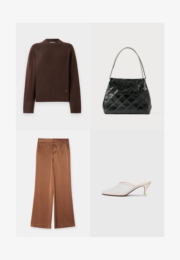 Dunkelbrauner Wollpullover mit gerippten Bündchen, Saum und Stehkragen, ausgestattet mit einem kleinen Metalllogo nahe dem unteren Saum auf einem schlichten Hintergrund.; Braune weit geschnittene Hosen aus Satin, mit Seitentaschen, glatter Textur und einem taillierten Bund für eine strukturierte Passform.; Weiße Mesh-Pantoletten mit spitzer Zehenform, schlankem Mittelabsatz und Slip-On-Design vor einem schlichten Hintergrund.; Schwarze gesteppte Lederhandtasche mit einem silbernen Kettenhenkel, die ein strukturiertes Design und eine glatte Textur aufweist.