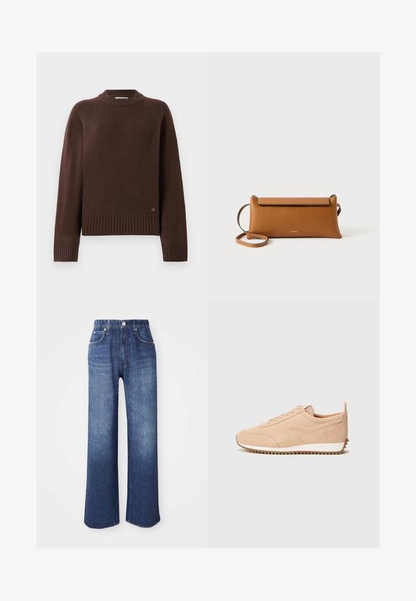 Tumši brūns vilnas džemperis ar ribotām piedurknēm, apakšmalu un augstu apkakli, ar mazu metāla logotipu tuvu apakšmalai uz vienkrāsaina fona.; Plati zili džinsu bikses, ar augsto vidukli, piecām kabatām un sudraba pogu aizdari. Audumam ir gluda tekstūra ar smalku izbalējumu.; Gai bežīgi zamšādas sporta apavi ar teksturētu apdari, ar baltu zoli un zigzaga rakstu. Šņorēšanas dizains bez redzamas zīmola.; Brūna ādas rokassoma, taisnstūra forma, teksturēta virsma, noņemams siksniņas, rāvējslēdzēja aizdare, diskrēta logo iespiesta priekšpusē.