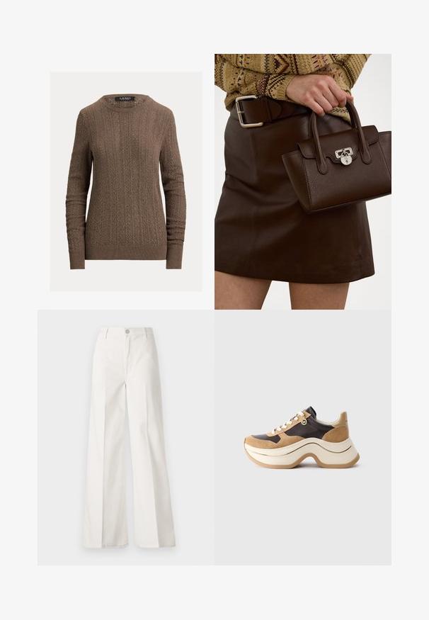 Rjav pleten pulover z rebrasto teksturo, okroglo ovratnikom in dolgimi rokavi, s prilegajočim robom in diskretnim kabelskim vzorcem.; Bele široke hlače iz bombaža z gladko teksturo. Imajo gumb spredaj, zadrgo in zasnovo z štirimi žepi.; Teniske z debelim podplatom v bež in temno rjavi barvi s sue šnitami, belimi vezalkami in majhnim zlatim MK obeskom na strani.; Brahno usnjeni torbici z teksturirano površino in srebrnim okovjem, ki jo drži roka ob rjavem usnjenem krilu in vzorčastem puloverju.