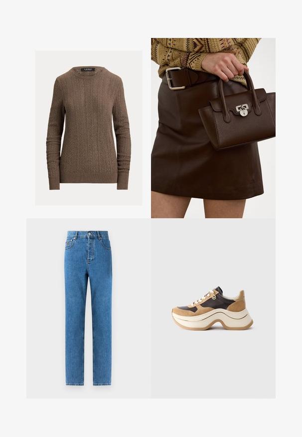 Suéter de malha castanho com uma textura canelada, decote redondo e mangas longas, com uma bainha ajustada e um padrão de trança subtil.; Denim jeans em azul médio com corte reto, cinco bolsos, fecho de botão e desbotamento leve no tecido para uma variação de textura sutil.; Sapatilhas com sola grossa em bege e castanho escuro com detalhes em camurça, atacadores brancos e um pequeno pingente dourado da MK na lateral.; Mala de couro castanho com um acabamento texturizado e ferragens prateadas, segurada com uma mão ao lado de uma saia de couro castanho e um suéter com padrão.