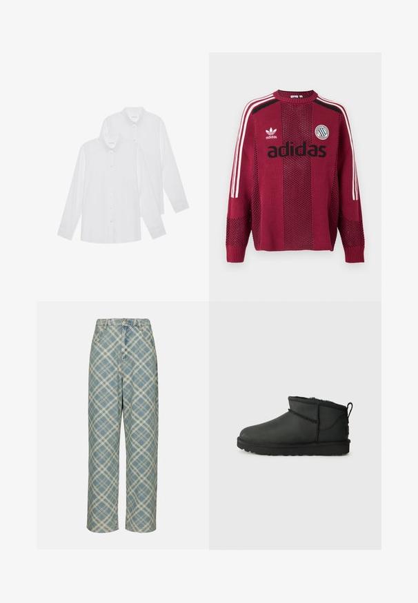 Maroon Adidas knit sweater with white stripes on sleeves, black Adidas logo, and circular patch with stripes and text on chest.; White long-sleeve shirts in a pack of two, featuring button-up fronts, collar, and cuffs, made from a smooth fabric with no patterns.; Blue plaid denim trousers with a high waist, wide legs, and contrasting white patterns. Features standard pockets and a button closure.; Black ankle boot made of soft material, featuring a rounded toe, low heel, and fur lining. Includes a rear pull tab and stitched accents.