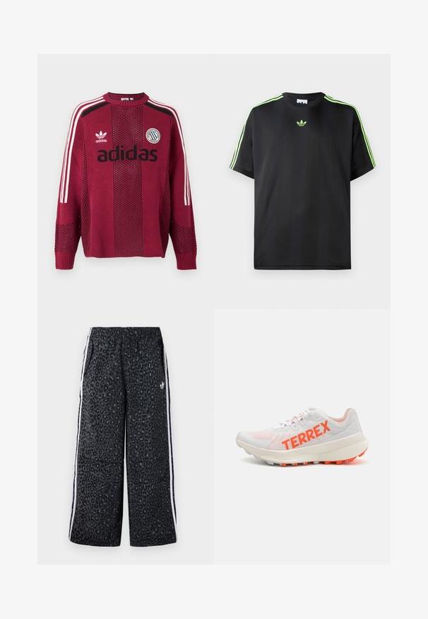 Sweater de malha maroon da Adidas com riscas brancas nas mangas, logótipo da Adidas em preto e um patch circular com riscas e texto no peito.; T-shirt preto feito de tecido liso com decote redondo, apresentando três riscas verdes nos ombros e um pequeno logo verde no peito.; adidas Originals GRAPHIC UNISEX - Calças de fato de treino - black; Sapatilha de corrida branca com a marca "TERREX" em laranja; parte superior em malha, gola acolchoada e sola texturizada com detalhes em laranja. Design leve.
