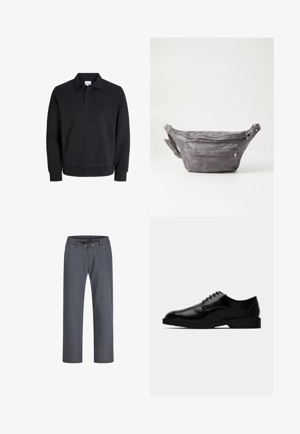 Sort langærmet polo shirt lavet af en bomuldsblanding, med krave, tre-knaps lukning og ribstrikkede manchetter og forneden.; Grå bukser med elastisk talje og snøring. Lige ben-design, lavet af glat stof, har minimal syning og ingen synlig hardware.; Sorte læder dress sko med en glat finish, rund tå, snørebåndsdesign og diskret gummisål for godt greb.; Grå suedefanny pack med en rund form, to lynlåslommer og justerbart strop. Har metalhardware detaljer.
