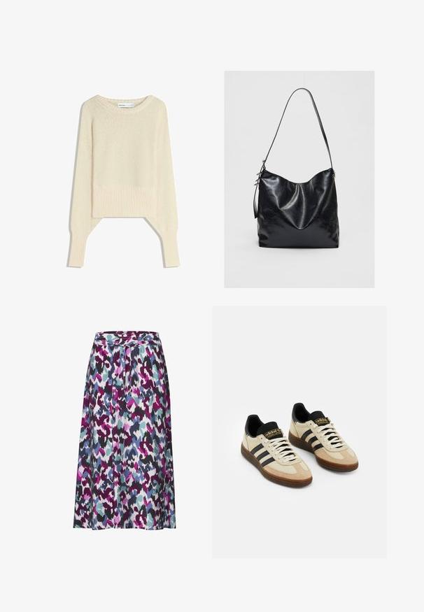 Helle beige, kurz geschnittene Sweater, aus weichem Strickstoff, mit weitem Ausschnitt, überschnittenen Schultern sowie gerippten Bündchen und Saum.; Ein knielanger Rock mit einem bunten abstrakten Muster in den Farbtönen Lila, Türkis und Schwarz. Hergestellt aus leichtem, strukturiertem Stoff.; Beige Wildleder-Sportschuhe mit schwarzen Lederakzenten, weißen Schnürsenkeln und brauner Gummisohle. Drei schwarze Streifen auf jeder Seite.; Schwarze Leder-Schultertasche mit einer weichen, strukturierten Oberfläche. Sie hat ein geschwungenes Design und einen einzelnen verstellbaren Tragegurt. Kein zusätzliches Zubehör.
