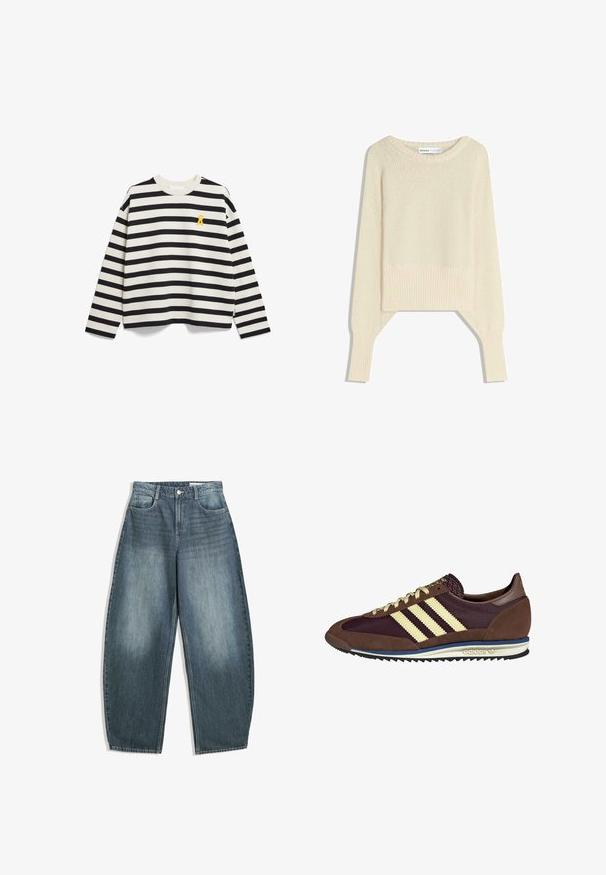 Lichtbeige cropped sweater, gemaakt van een zachte brei stof, heeft een ruime halslijn, drop shoulders en ribgebreide manchetten en zoom.; Zwart-wit gestreept sweatshirt met lange mouwen, ronde halslijn en een klein geel embleem op de borst. Gemaakt van zachte katoen.; Lichtblauwe denim wijde pijpen jeans hebben een hoge taille, vijf zakken, subtiele vervaging en stikselaccenten langs de naden.; Bruine en bordeauxkleurige sneaker van suede en mesh materiaal, met drie crèmekleurige strepen, een gemêleerd stof op de tong en een rubberen zool.