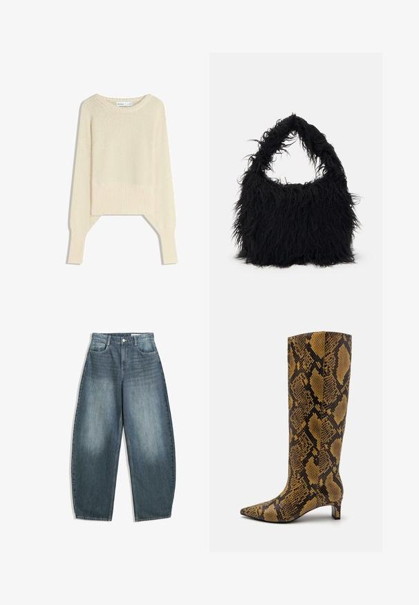 Svijetlosmeđi skraćeni pulover, izrađen od mekog pletiva, ima široki izrez, spuštene ramena i rebraste manžete i rub.; Svijetloplavi široki traperice s visokom strukom, pet džepova, suptilnim izbljeđivanjem i šavovima duž šavova.; Čizme do koljena s uzorkom žuto-smešnog zmijskog printa, šiljastim vrhom i niskom crnom petom. Glatka tekstura s sjajnim završetkom.; Even&Odd Velika torba - black