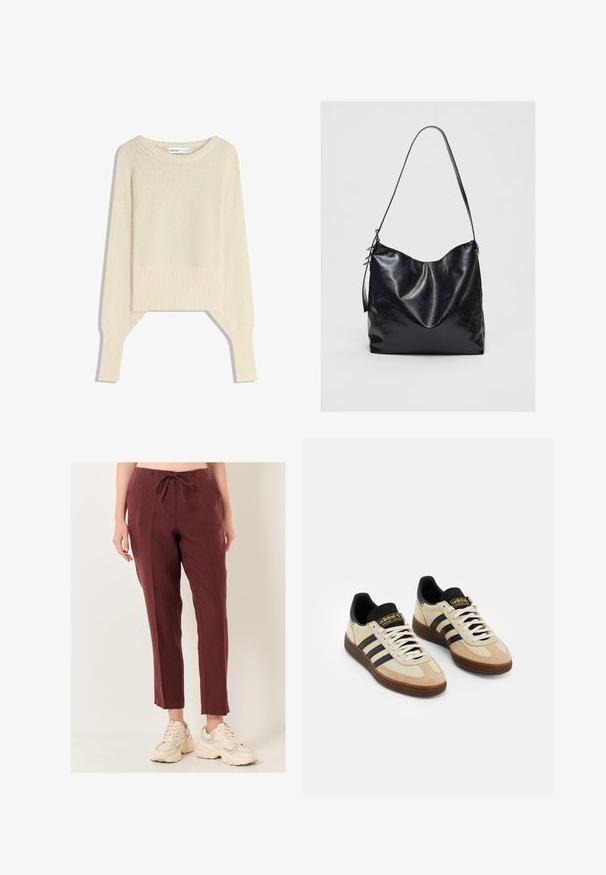 Maglione corto beige chiaro, realizzato in un morbido tessuto a maglia, presenta un ampio scollo, spalle scese e polsini e orlo a costine.; Pantaloni di lino borgogna con vita regolabile, gambe dritte e una texture sottile, abbinati a scarpe da ginnastica beige con suola spessa.; Scarpe da ginnastica in suede beige con accenti in pelle nera, lacci bianchi e suola in gomma marrone. Tre strisce nere su ciascun lato.; Borsa a spalla in pelle nera con una finitura morbida e texture. Presenta un design curvo e una singola tracolla regolabile. Nessun componente metallico aggiuntivo.