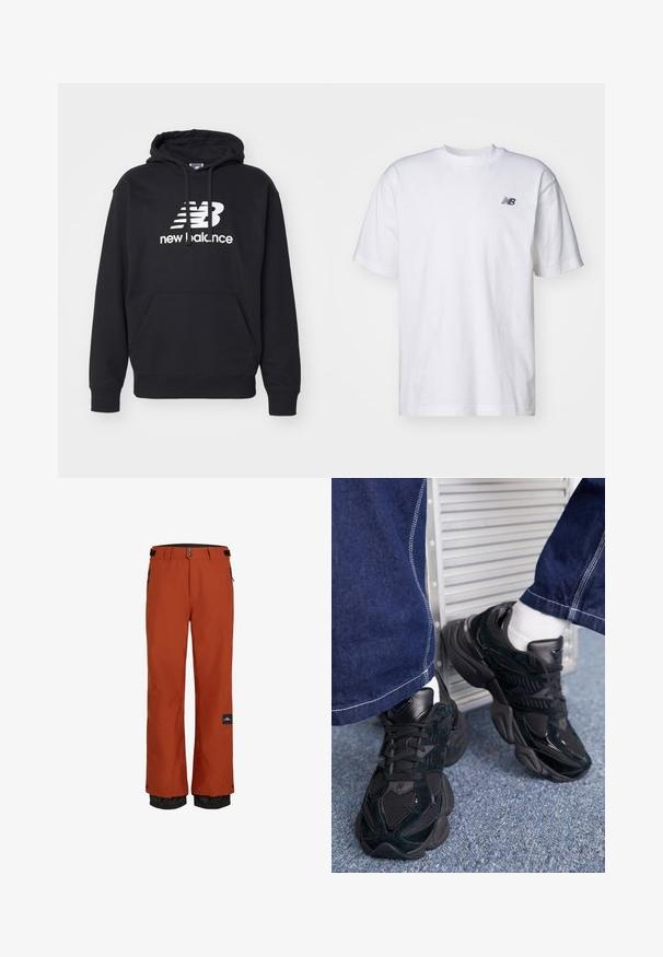 Musternahk, mille ees on tasku, nööridega kapuuts ja keskel rinnal valge New Balance'i logo. Puuvillasegune materjal.; Valge lühikeste varrukatega t-särk ringkaelusega, mille vasakul rinnal on väike must New Balance'i logo, taust on ühtlane.; Oranžid veekindlad suusapüksid musta reguleeritava vöökohtaga, küljetaskud ja elastsed mansetid temperatuuri reguleerimiseks.; Mustad mustad tossud, mis sisaldavad nii tekstuuri kui siledat materjali, silmapaistva nöörimise ja jämeda tallaga, koos tumedate teksapükstega.