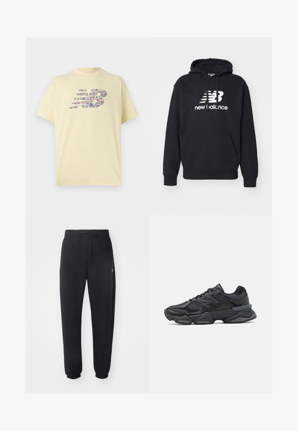 Melnā biezu audumu kapuce jaka ar priekšējo kangaroo kabatu, aukliņu kapuci un balto New Balance logo, kas izšūta krūšu centrā. Kokvilnas maisījuma materiāls.; Dzeltena kokvilnas T-krekls ar apaļu kakla izgriezumu un īsām piedurknēm. Uz krekla ir grafika ar 'NB' logotipu, kas sastāv no krāsainām formām.; Melni sporta bikses no mīksta materiāla ar elastīgu jostu, aukliņu un sašaurinātiem piedurknēm, ar smalku logo sānos.; Melna skriešanas apavi ar jauktu acu audumu un sintētiskiem materiāliem, masīvu zoli, izliekta dizaina elementiem un izteiktu zīmola logotipu uz sāniem.