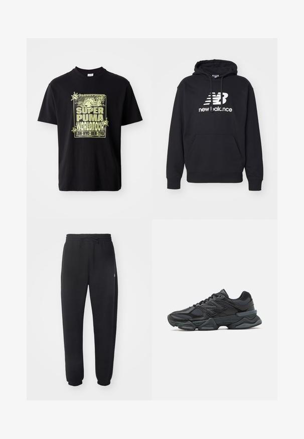 Svart hettegenser med frontlomme, snøring på hetten og en hvit New Balance-logo plassert på brystet. Laget av bomullsblanding.; Svart bomullst-skjorte med gul grafisk trykk som har teksten "SUPER PUMA WORLD TOUR" og en tegneseriefigur, front-sentrert design.; Sorte joggebukser laget av mykt materiale med elastisk midje, snor og smale mansjetter, med en diskret logo på siden.; Svart løpesko med en blanding av mesh og syntetiske materialer, chunky såle, buet design og fremtredende merkevare på siden.