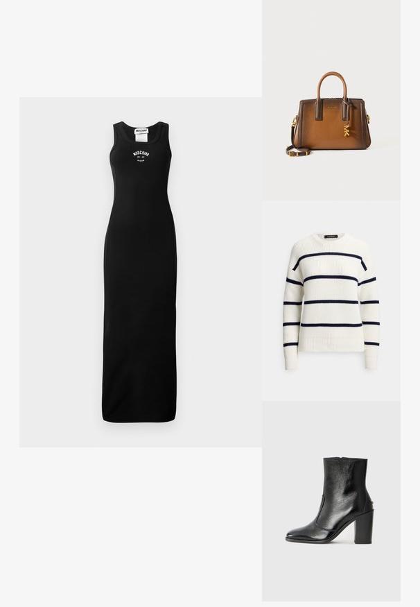 Baltas megztinis su jūrinėmis horizontaliomis juostomis, apvaliu kaklu, ribuotomis rankogaliais ir apačia. Tekstūruota medžiaga su laisvu siluetu.; Juoda suknelė be rankovių, pagaminta iš tinklinio audinio, turi prigludusią siluetą ir logotipą ant krūtinės. Žinoma nuo grindų iki apačios, su apvaliu kaklu.; Juodas odinis kulkšninis batas su lygiu paviršiumi, smailiu pirštu ir masyviu aukštu kulnu. Savybė - šoninis atidarymas ir minimalistiškas dizainas.; Ruda odinė rankinė, pasižyminti dviem viršutiniais rankenomis, nuimama petneša, auksinėmis detalėmis ir dekoratyvine pakaba su raidėmis "MK."