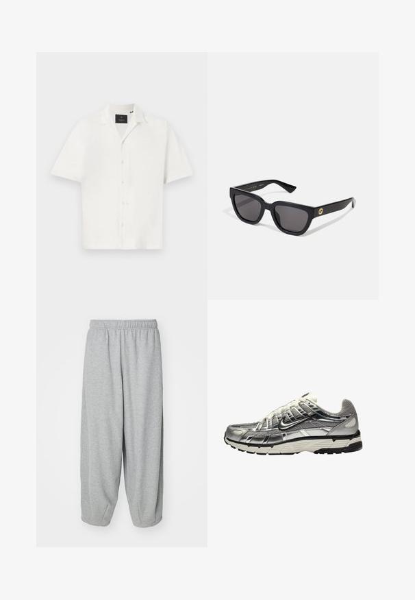 Schwarzer Hoodie mit einem vorderen Grafikdruck einer Figur vor einem wolkigen Hintergrund. Enthält eine Kängurutasche und Sternmuster auf den Ärmeln.; Kurzärmliges weißes Hemd aus strukturiertem Stoff, mit einem Kragen und vier Knöpfen auf der Vorderseite. Minimales Design ohne zusätzliche Muster.; Helle graue, lässig sitzende Sweatpants aus weichem Stoff. Elastischer Bund und Bündchen an den Knöcheln. Einfaches und ungeschmücktes Design.; Silberne und schwarze Sport Schuhe mit einem Obermaterial aus Mesh und Synthetik, voluminösem Design und strukturierter Oberfläche. Mit gepolstertem Kragen und Gummisohle.; Schwarze rechteckige Sonnenbrille mit glänzender Oberfläche, dunklen Gläsern und goldenen Akzenten am Bügel, die das Logo zeigen.