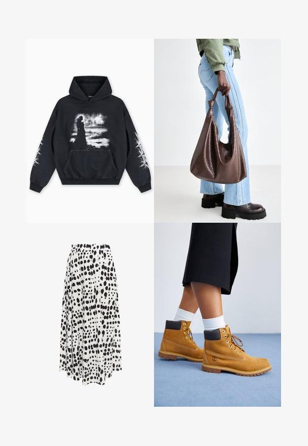 Zwarte hoodie met een voorkant bedrukking van een figuur tegen een bewolkte achtergrond. Voorzien van een kangoeroezak en sterpatronen op de mouwen.; Zwart-witte gestreepte rok met een elastische tailleband, met een vloeiende, geplooide uitstraling en een asymmetrische zoom.; Tan suède enkellaarsjes met bruine leren accenten, gouden oogjes en een getextureerde zool. Witte sokken zichtbaar boven de laarsjes.; Bruine gevlochten leren tote bag met geknoopte handvatten, gedragen door een persoon in lichtblauwe spijkerbroek en zwarte Chunky schoenen. Gladde, textuurrijke oppervlakte.