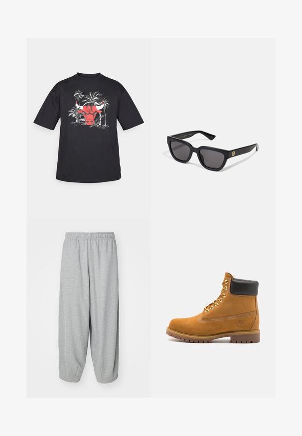 Črni pulover s kapuco z grafičnim potiskom figure na oblačnem ozadju. Vključuje kenguru žep in zvezdne vzorce na rokavih.; Črna kratkotrajna majica s kratkimi rokavi, okrašena z grafiko rdeče glave bika, obkrožena z belimi motivi palm. Iz bombažnega materiala, sproščen kroj.; Svetlo sivi, ležerni trenerke od mehkega blaga. Elastični pas in manšete na gležnjih. Preprost in brez okrasitve dizajn.; Svetlo rjave anklne čizme iz semiša z črnim oblazinjenim ovratnikom, zlatimi kovinskimi očesci, belimi šivi in robustnim gumijastim podplatom s izrazitimi tredi.; Črna pravokotna sončna očala z gladkim zaključkom, temnimi lečami in zlatim okrasjem na strani, ki vsebuje logo.