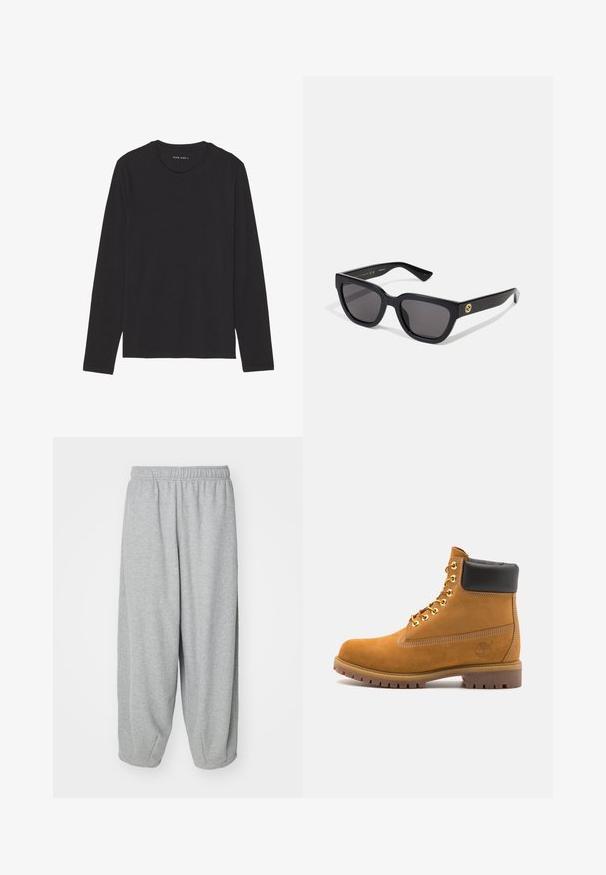 Black hoodie featuring a front graphic print of a figure against a cloudy backdrop. Includes a kangaroo pocket and star patterns on the sleeves.; Black long-sleeve t-shirt made of soft, lightweight fabric. Features a round neckline and straight hem. No visible patterns or accents.; Light gray, loose-fitting sweatpants made of soft fabric. Elastic waistband and cuffs at the ankles. Simple and unadorned design.; Tan suede ankle boot with black padded collar, gold metal eyelets, white stitching detailing, and rugged rubber sole with pronounced treads.; Black rectangular sunglasses with a glossy finish, dark lenses, and gold hardware accent on the temple featuring the logo.