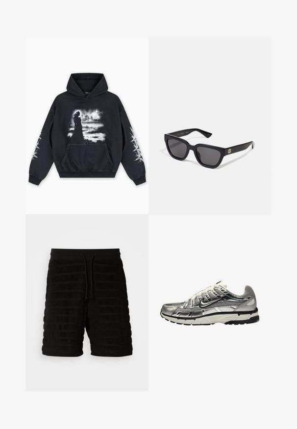 Musta huppari, jonka etupuolella on kuvapainatus hahmosta pilvisen taustan edessä. Vartalossa on kengurutasku ja hihoissa tähtikuvioita.; Lyhyet mustat shortsit, joissa on vaakasuuntaiset urat, joustava vyötärö ja kiristysnauha. Pehmeä kangas, jossa on rento muotoilu mukavuutta varten.; Hopeinen ja musta urheilujalkine, jossa on verkkokangas- ja synteettinen päällinen, tilava muotoilu ja teksturoitu pinta. Varustettu pehmustetulla nilkkareunalla ja kumipohjalla.; Musta suorakulmionmuotoinen aurinkolasit, joissa on kiiltävä viimeistely, tummat linssit ja kultainen yksityiskohta templellä, jossa on logo.