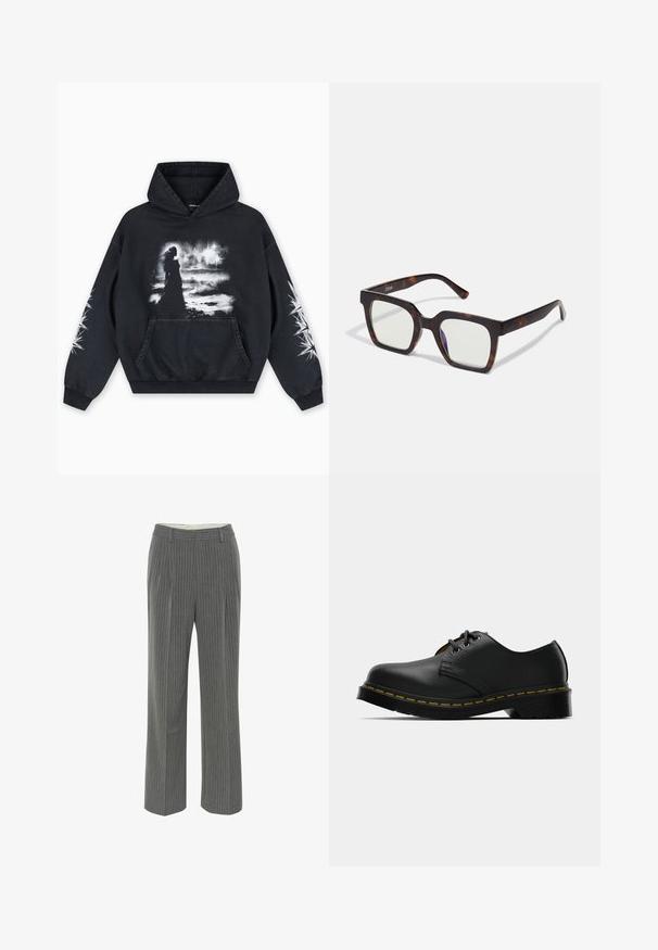 Black hoodie featuring a front graphic print of a figure against a cloudy backdrop. Includes a kangaroo pocket and star patterns on the sleeves.; Gray pinstriped trousers with a tailored fit, a flat front, and a wide leg design. Made of a smooth, lightweight fabric.; Black leather shoes with a rounded toe, lace-up design, yellow stitching along the sole, and a chunky black rubber sole for traction.; Square sunglasses with a tortoiseshell acetate frame and clear lenses. Features wide temples and a matte finish, enhancing overall durability.; Cream leather shoulder bag with a crescent shape, thin strap, and subtle stitching detail. Minimalist design with gold-tone hardware accents.
