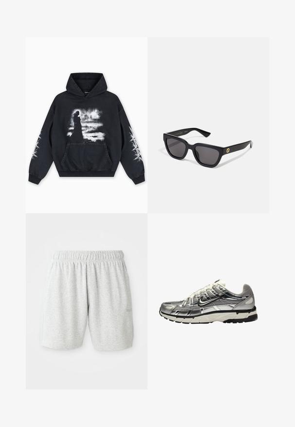 Melns džemperis ar kapuci ar priekšējo grafisko attēlu - figūra pret mākoņainu fonu. Satur kengura kabatu un zvaigžņu rakstus uz piedurknēm.; Pelēki kokvilnas šorti ar elastīgu jostasvietu, kas piedāvā gludu tekstūru un sānu šuvju kabatas. Discreta logotipa detaļa apakšmalā.; Suds un melnas sporta kurpes ar acs un sintētisku augšdaļu, apjomīgs dizains un teksturēta apdare. Iezīmējas ar mīkstinātu apkakli un gumijas zoli.; Melni taisnstūra saulesbrilles ar spīdīgu apdari, tumšiem stikliem un zelta aksesuāru uz tempļa, uz kura redzams logo.