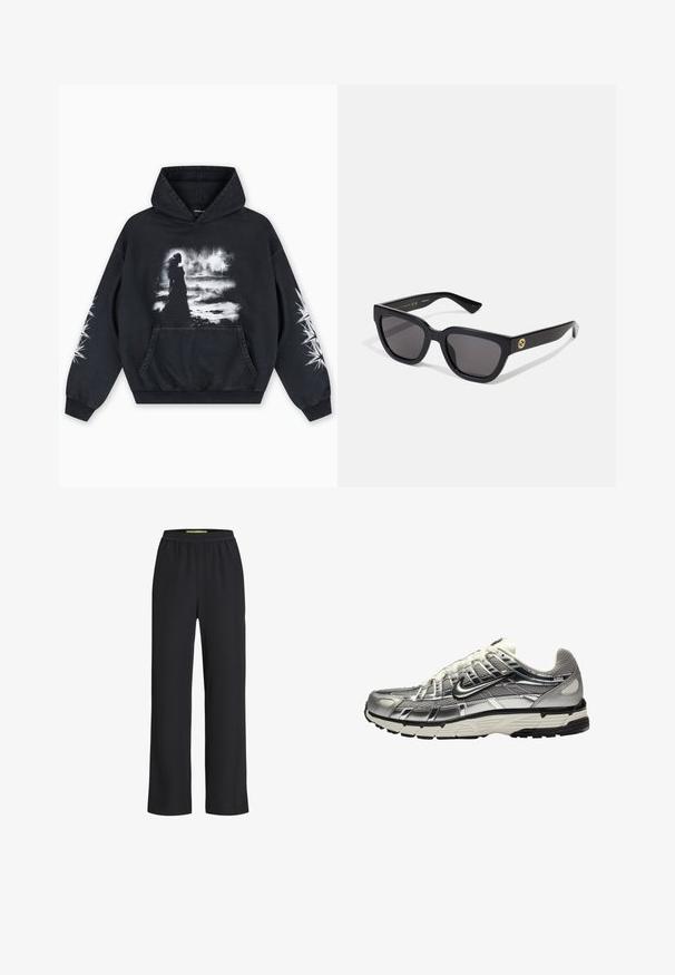 Zwarte hoodie met een voorkant bedrukking van een figuur tegen een bewolkte achtergrond. Voorzien van een kangoeroezak en sterpatronen op de mouwen.; Zwarte wijdlopende broek met een elastische tailleband, gemaakt van een zacht materiaal, met een gladde textuur en een losse pasvorm over de benen.; Zilveren en zwarte sportschoen met een bovenwerk van mesh en synthetisch materiaal, een volumineus ontwerp en een gestructureerde afwerking. Voorzien van een gevoerde kraag en een rubberen zool.; Zwarte rechthoekige zonnebril met een glanzende afwerking, donkere lenzen en goudkleurige accenten op de poot met het logo.