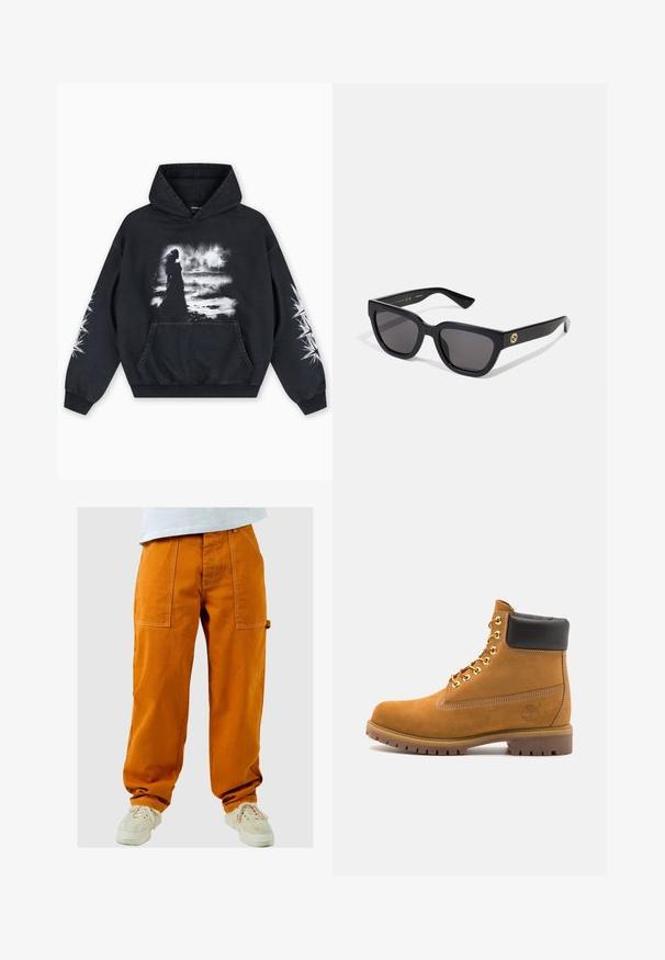 Svart hoodie med ett fronttryck som föreställer en figur mot en molnig bakgrund. Inklusive en känguruficka och stjärnmönster på ärmarna.; Orange cargobyxor med lös passform, utrustade med flera fickor och kontrasterande sömmar. Bärs med vita sneakers.; Tan mockasins ankelstövlar med svart vadderad krage, guldmetallöglor, vit sömdekor och slitstöt gummisula med utmärkta mönster.; Svarta rektangulära solglasögon med en glänsande finish, mörka linser och guldaccent på bygeln med logotypen.