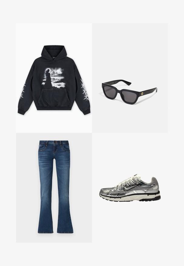 Svart hettegenser med et fronttrykk av en figur mot en skyet bakgrunn. Inkluderer kengurulomme og stjernemønstre på ermene.; Blå denimjeans med litt utsvingte ben, frontknappelukking, lommer og subtil falming på lårene og knærne.; Sølv og svart treningssko med overdel i mesh og syntetisk materiale, voluminøst design og teksturert finish. Har en polstret krage og gummisåle.; Svarte rektangulære solbriller med en blank finish, mørke linser og gullhardwaredetaljer på stangene med logo.