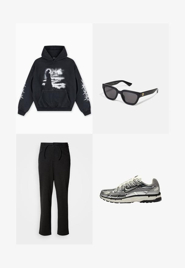 Črni pulover s kapuco z grafičnim potiskom figure na oblačnem ozadju. Vključuje kenguru žep in zvezdne vzorce na rokavih.; Črne pletene hlače z elastičnim pasom, ravna kroja in stranskimi žepi. Mehka tekstura s gladkim zaključkom.; Srebrna in črna športna obutev z mrežastim in sintetičnim zgornjim delom, prostornim dizajnom in teksturiranim zaključkom. Ima podložen ovratnik in gumijast podplat.; Črna pravokotna sončna očala z gladkim zaključkom, temnimi lečami in zlatim okrasjem na strani, ki vsebuje logo.