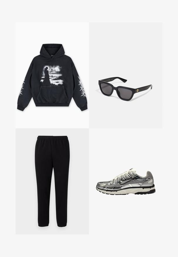FAVELA HOPE HOODIE UNISEX - Sweatshirt - black washed; Black casual sweatpants with elastic waistband and ankle cuffs, displayed against a plain white background.; Silver and black athletic shoe with a mesh and synthetic upper, voluminous design, and a textured finish. Features a padded collar and rubber sole.; Black rectangular sunglasses with a glossy finish, dark lenses, and gold hardware accent on the temple featuring the logo.