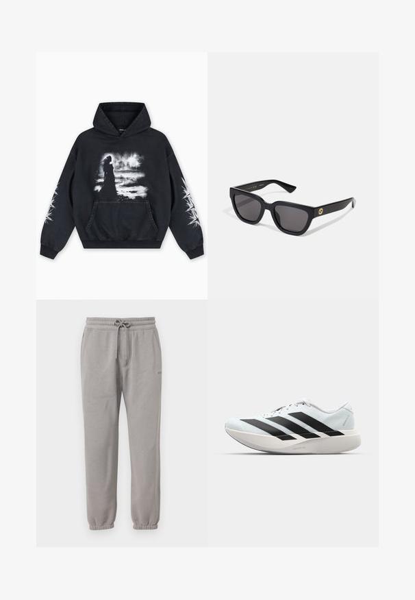 Zwarte hoodie met een voorkant bedrukking van een figuur tegen een bewolkte achtergrond. Voorzien van een kangoeroezak en sterpatronen op de mouwen.; Hollister Co. Relaxed Fleece Logo Joggers - Trainingsbroek - grey; Lichte hardloopschoenen in lichtblauw met zwarte strepen. Beschikt over een soepele bovenkant, ronde neusstuk en dikke witte tussenzool met het label "LIGHTSTRIKE PRO."; Zwarte rechthoekige zonnebril met een glanzende afwerking, donkere lenzen en goudkleurige accenten op de poot met het logo.