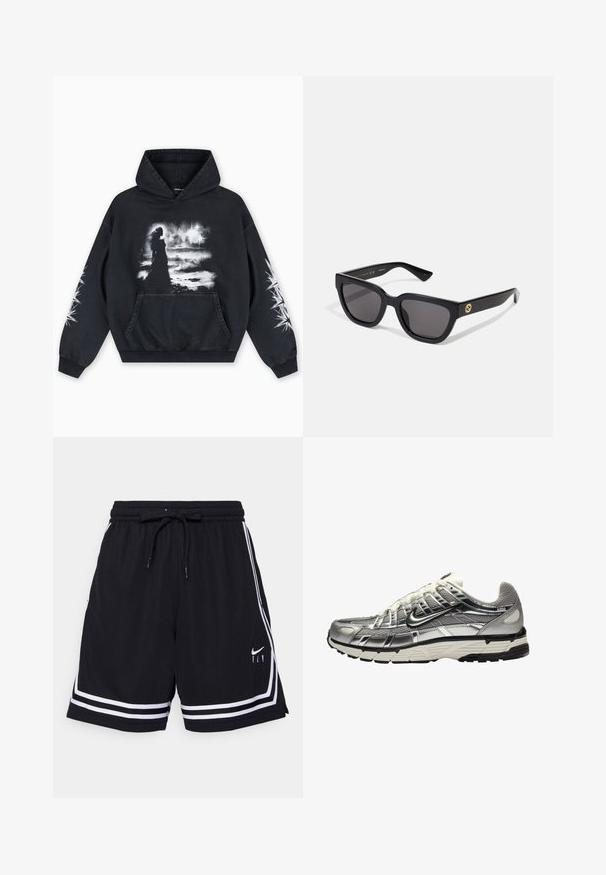 Must kapuutsiga dressipluus, mille esiküljel on kujutis figuurist pilvise tausta ees. Sisaldab kängurumudelit ja tähtmustritega varrukaid.; Nike Performance FLY CROSSOVER SHORT - Spordišortsid - black/white; Hõbedane ja must sportlik king, millel on võrgust ja sünteetiline ülemine osa, mahukas disain ja tekstureeritud viimistlus. Omab polsterdatud kaelaosa ja kummist tallat.; Mustad musta värvi ristkülikukujulised prillid, millel on läikiv viimistlus, tumedad läätsed ja kuldsed aksessuaarid templil, millel on logo.