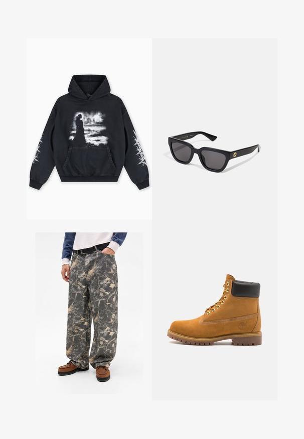 Fekete kapucnis pulóver, elülső grafikai nyomattal, amely egy alakot ábrázol felhős háttér előtt. Kanguru zsebbel és csillagmintákkal az ujjakon.; Laza, szürke nadrág levél- és ágtatternel, farmer anyagból készült. Barna mokaszinokkal párosítva, bemutatva egy hétköznapi öltözéket.; Barna velúr bokacipő fekete párnázott gallérral, arany fém fűzőlyukakkal, fehér varrási részletekkel és durva gumitalppal, amelynek kifejezett barázdái vannak.; Fekete, fényes felületű, téglalap alakú napszemüveg sötét lencsékkel, arany színű fémrészekkel a szárakon, amelyeken a logo található.