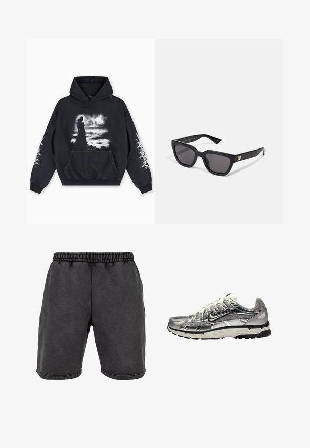 Czarna bluza z kapturem z nadrukiem na przodzie przedstawiającym postać na tle chmur. Posiada kieszeń typu kangur oraz wzory gwiazd na rękawach.; Czarne bawełniane szorty z elastycznym paskiem w talii, z bocznymi kieszeniami i dekoracyjnym przeszyciem. Materiał ma miękką, matową teksturę.; Srebrny i czarny but sportowy z siateczkowej i syntetycznej cholewki, o obszernej konstrukcji i teksturowanym wykończeniu. Posiada wyściełany kołnierz oraz gumową podeszwę.; Czarne prostokątne okulary przeciwsłoneczne z błyszczącym wykończeniem, ciemnymi soczewkami i złotymi akcentami na zauszniku z logo.