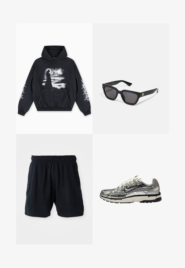 Čierna mikina s kapucňou s predným grafickým potlačou postavy na pozadí oblakov. Obsahuje klokanie vrecko a vzory hviezd na rukávoch.; Čierne atletické šortky vyrobené z mäkkej tkaniny, s elastickým pásom a dvoma postrannými vreckami pre pohodlie.; Strieborná a čierna športová obuv s vrchnou časťou z mäkkej textílie a syntetického materiálu, objemový dizajn a textúrovaný povrch. Obsahuje polstrovaný golier a gumovú podrážku.; Čierne hranaté slnečné okuliare s lesklým povrchom, tmavými šošovkami a zlatými kovovými detailmi na spánku so znakom.