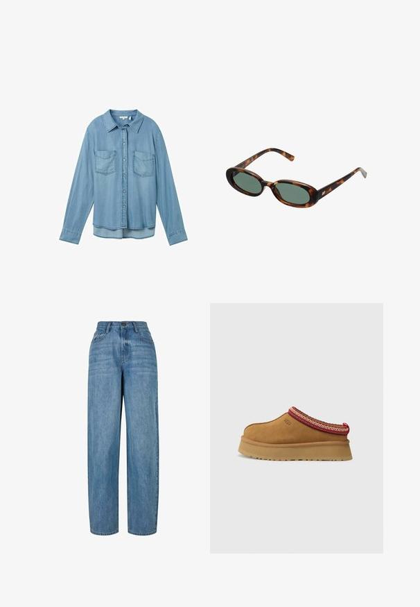 Krēmkrāsas džemperis no maigas auduma ar apaļu kakla izgriezumu. Ar melnu izšūtu tekstu: "Sporta un atpūtas klubs" un logo. Ribu piedurknes.; Gai zila denim krekls ar garajām piedurknēm, pogu aizdari un divām priekšējām kabatām. Ir klasiskā apkakle un nedaudz izliekts apakšmalas gals.; Gai zila džinsu bikses ar taisnu kāju dizainu, kurām ir pogu aizdare, pieci kabatas un viegla izbalēšana visā audumā.; Brūni zamšs iegriežamie apavi ar sarkanu un krēmīgu rakstu apdari, strukturētu zoli un UGG logotipu malā. Iezīmē vieglu platformas augstumu.; Bruņurupuča apvalka saulesbrilles ar ovālām rāmēm un zaļiem stikliem. Rāmjiem ir plānas kājas ar metāla akcentu tuvu eņģēm.