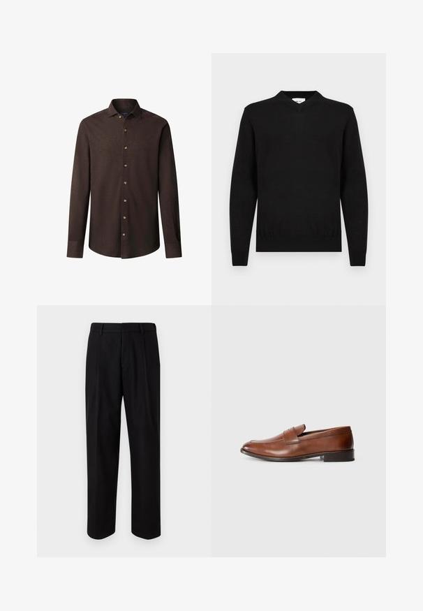 Zwarte lange mouw V-hals gebreide trui met geribde manchetten en zoom, weergegeven tegen een witte achtergrond.; Donkerbruine, lange mouwen, button-up shirt met een puntige kraag en een subtiele geborduurde logo op de linkerborst.; Zwarte op maat gemaakte broek met een recht design, een soepele stoftextuur en een middelhoge tailleband met riemlussen.; Bruid leren instappers met een ronde neus, minimale stiksels en een lage blokhak. Kenmerkt zich door een decoratieve band over de wreef.