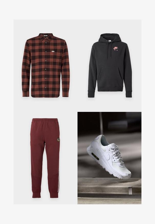 Zwarte Nike Air hoodie met een voorzak, een trekkoordcapuchon en een roze logo op de borst, gepresenteerd op een effen witte achtergrond.; Rood en zwart geruit overhemd met lange mouwen, gemaakt van katoen, voorzien van een button-down kraag, een volledige knopenlijst en een borstzak met logo.; Bordeauxrode trainingsbroek met een hexagonaal Nike-logo, elastische tailleband, twee zijzakken en witte zijkanten. Geweven stof met een tapered leg ontwerp.; Witte Nike Air Max 90 sneaker met een bovenwerk van mesh en leer, een geperforeerde teenbox en een zichtbare luchtunit in de hiel.